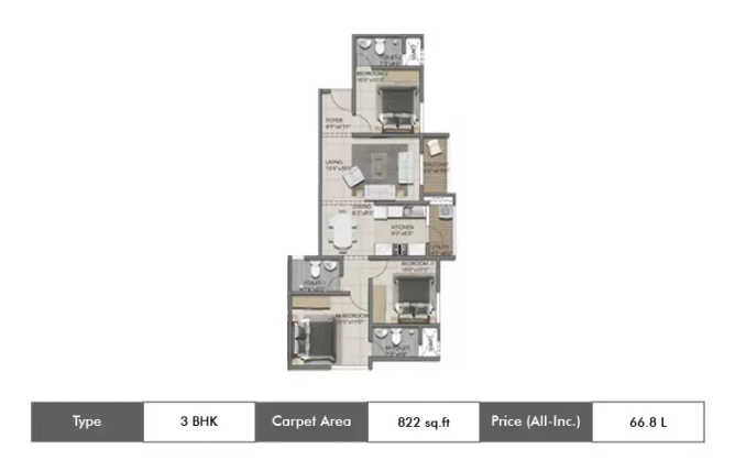 Shriram Suvilas Palms Myadarahalli - Floor plan 3 BHK 822 Sq.ft