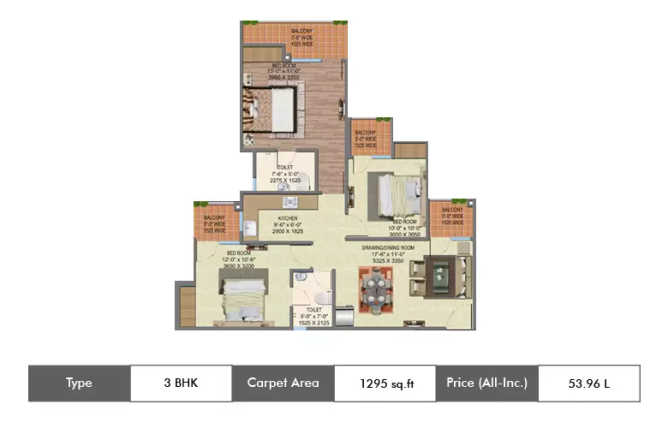 Supertech Up Country Apartments Sector 17A Greater Noida - Floor plan 3 BHK 1295 Sq.ft