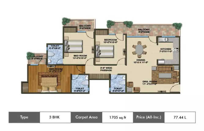 Supertech The Romano Sector 118 - Floor plan 3 BHK 1705 Sq.ft