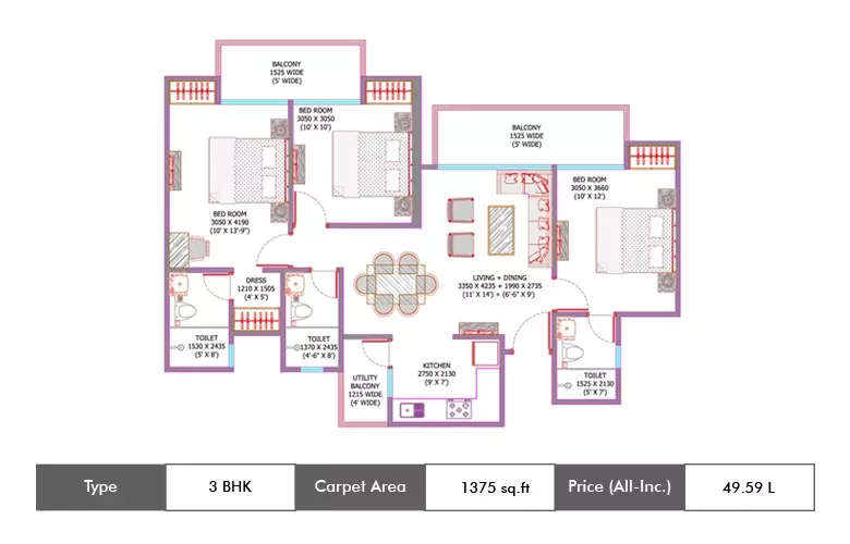 Floor plan for 3 BHK