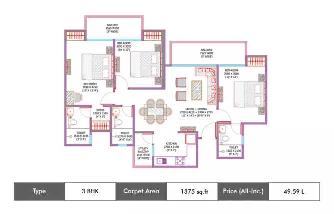 Ajnara City Sector 27 Greater Noida W - Floor plan 3 BHK 1375 Sq.ft