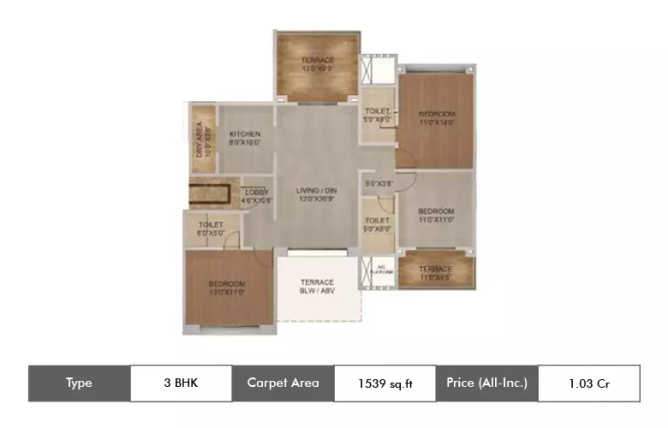 Kolte Patil Langston Kharadi - Floor plan 3 BHK 1539 Sq.ft