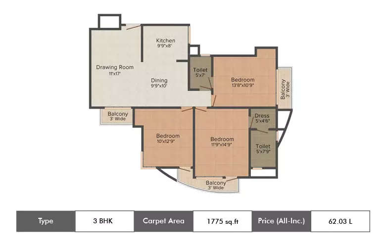 Floor plan for 3 BHK