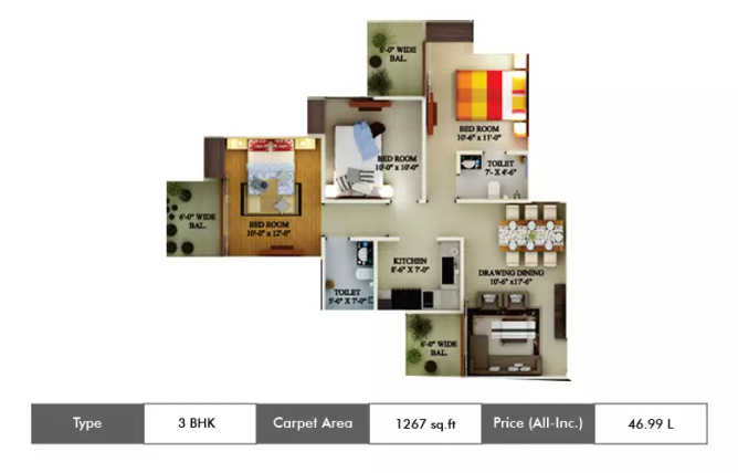 Supertech Ecovillage Sector 16B Greater Noida W - Floor plan 3 BHK 1267 Sq.ft