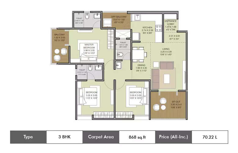 Floor plan for 3 BHK