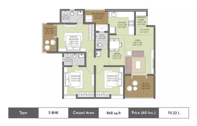 Majestique Euriska Mohammed Wadi - Floor plan 3 BHK 868 Sq.ft