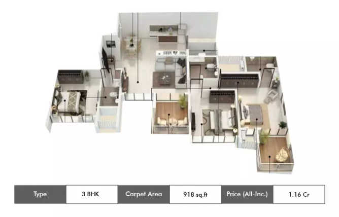 Runal Gateway Ravet - Floor plan 3 BHK 918 Sq.ft