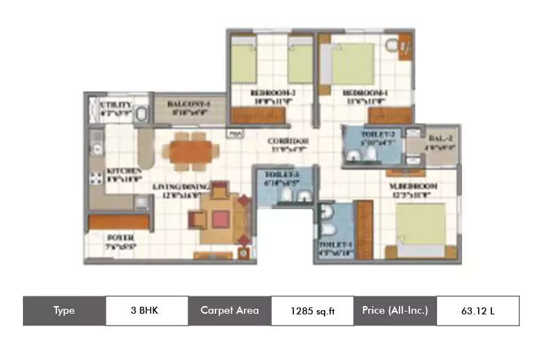 Floor plan for 3 BHK