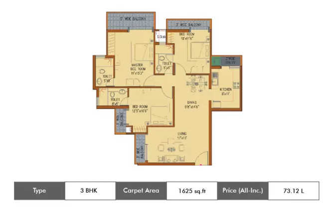 Amrapali Platinum Sector 119 - Floor plan 3 BHK 1625 Sq.ft