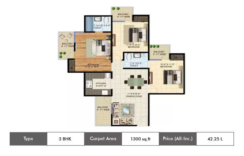 Floor plan for 3 BHK