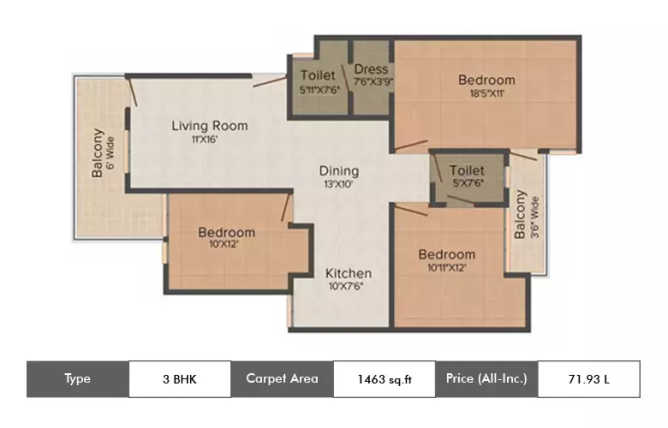 Supertech Oxford Square Sector 16B Greater Noida W - Floor plan 3 BHK 1463 Sq.ft