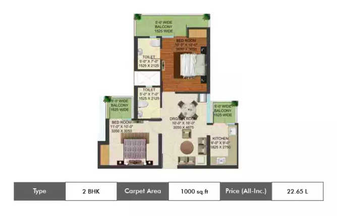 Supertech Shaan Sector 4 Greater Noida - Floor plan 2 BHK 1000 Sq.ft