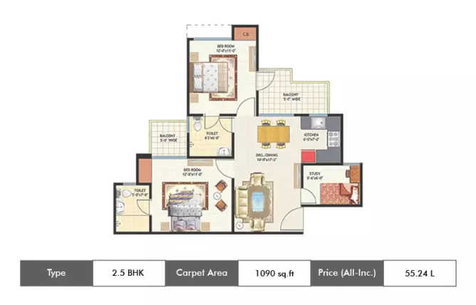 Amrapali Princely Estate Sector 76 - Floor plan 2.5 BHK 1090 Sq.ft