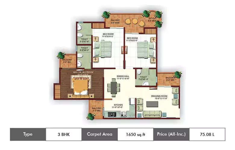 Floor plan for 3 BHK