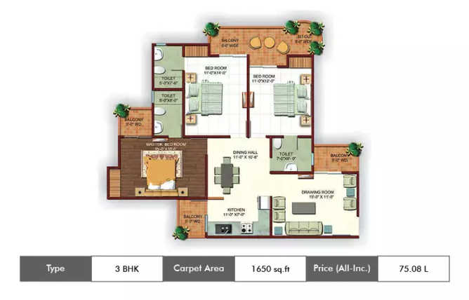 Ajnara Ambrosia Sector 118 - Floor plan 3 BHK 1650 Sq.ft