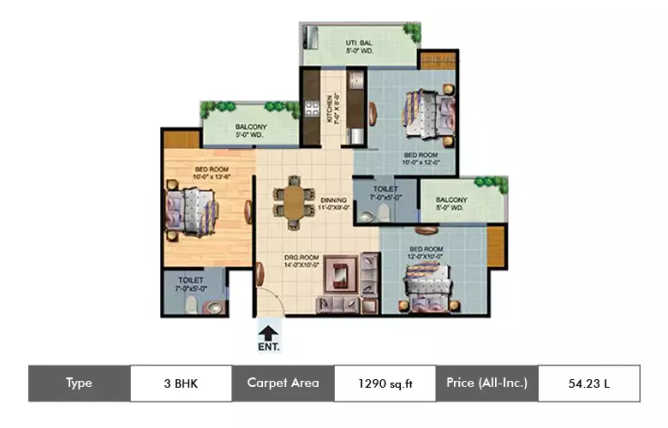 Ajnara Homes Sector 16B Greater Noida W - Floor plan 3 BHK 1290 Sq.ft