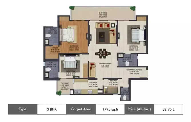 Ajnara Klock Tower Sector 74 - Floor plan 3 BHK 1795 Sq.ft