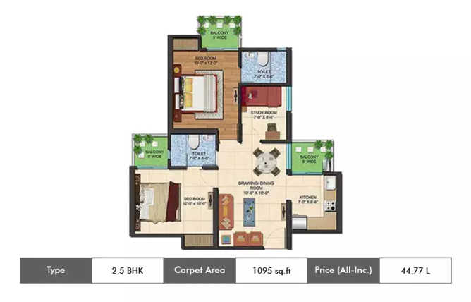 Ajnara Le Garden Sector 16B Greater Noida W - Floor plan 2.5 BHK 1095 Sq.ft