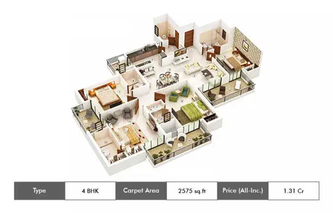 Ajnara The Belvedere Sector 79 - Floor plan 4 BHK 2575 Sq.ft