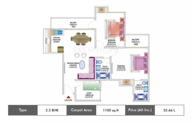 Amrapali Zodiac Sector 120 - Floor plan 2.5 BHK 1100 Sq.ft