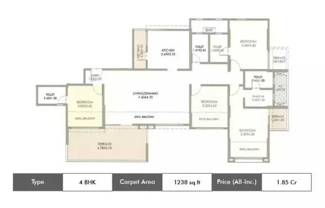 Kolte Patil 24K Stargaze Bavdhan - Floor plan 4 BHK 1238 Sq.ft