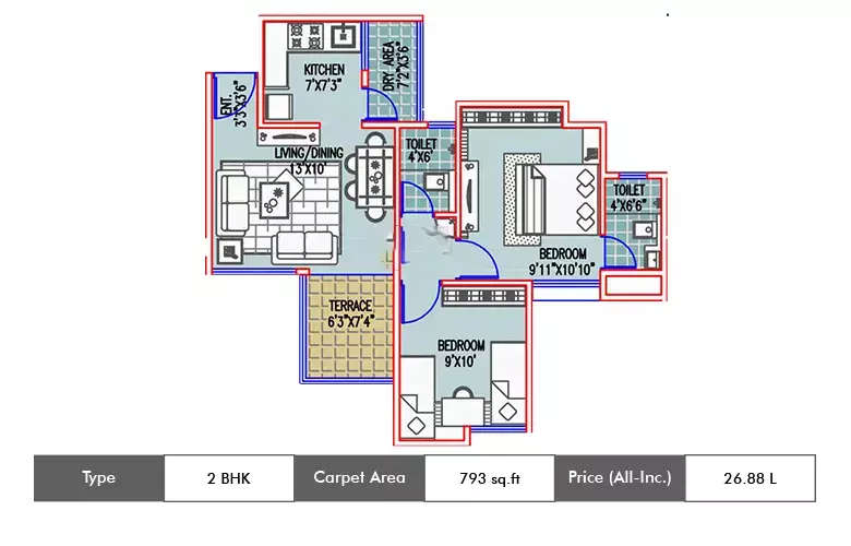 Floor plan for 2 BHK