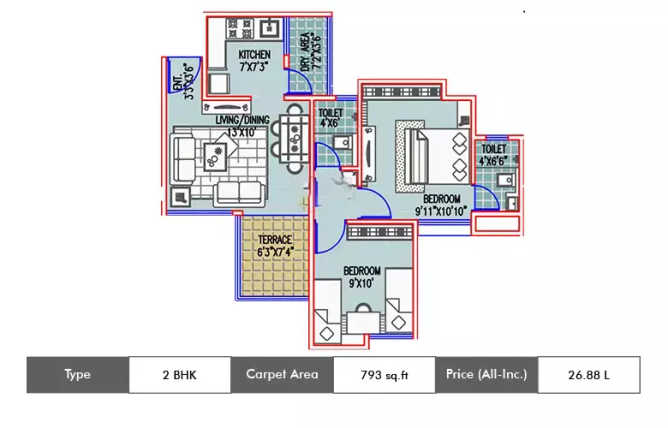 Majestique City Wagholi - Floor plan 2 BHK 793 Sq.ft