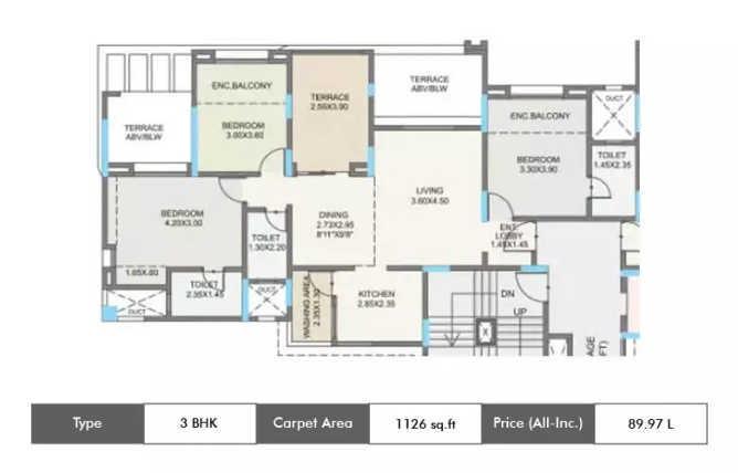 Kolte Patil Green Olive Hinjewadi - Floor plan 3 BHK 1126 Sq.ft