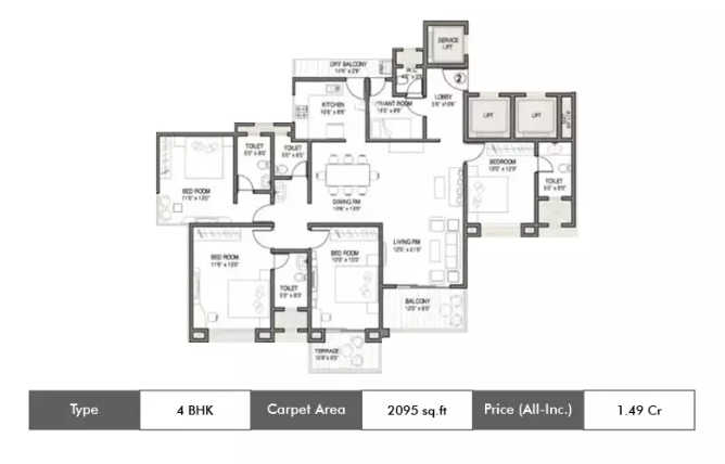 Kolte Patil 24K Allura Undri - Floor plan 4 BHK 2095 Sq.ft