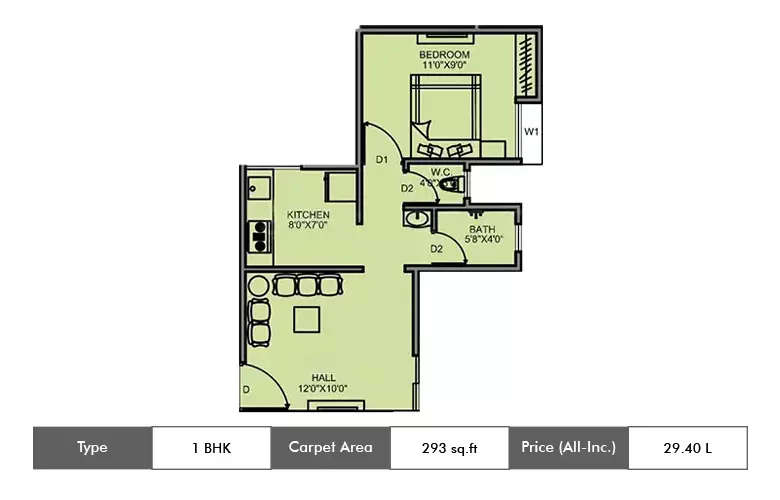 Floor plan for 1 BHK