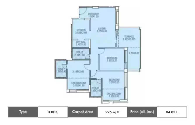 Kumar Princeville Moshi - Floor plan 3 BHK 926 Sq.ft