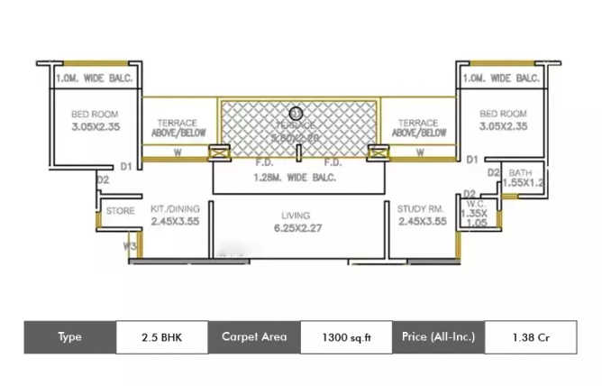 Kolte Patil Three Jewels Kondhwa - Floor plan 2.5 BHK 1300 Sq.ft