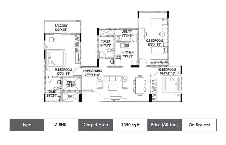 Floor plan for 3 BHK