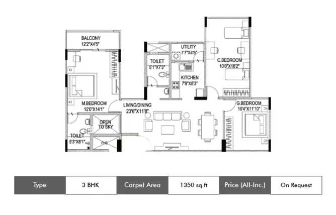 Shriram Smrithi Sarjapura - Floor plan 3 BHK 1350 Sq.ft
