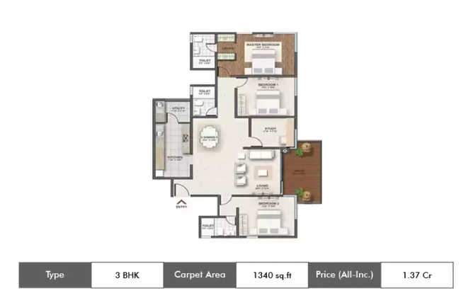 Shriram Southern Crest JP Nagar - Floor plan 3 BHK 1340 Sq.ft