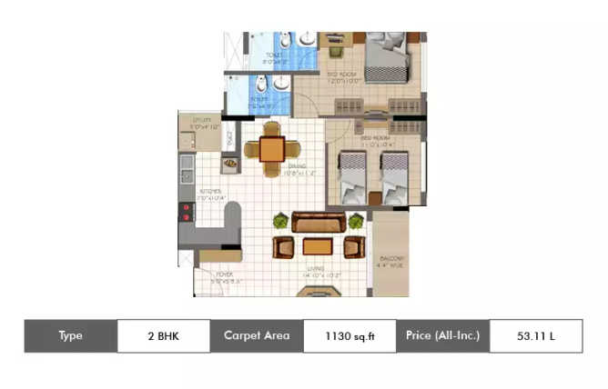 Supertech Micasa Thanisandra - Floor plan 2 BHK 1130 Sq.ft