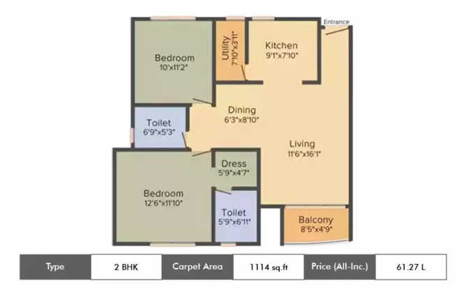 Kolte Patil Mirabilis Krishnarajapura - Floor plan 2 BHK 1114 Sq.ft