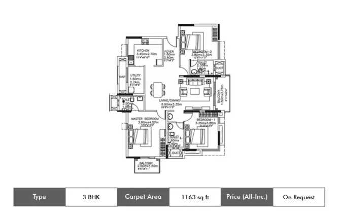 Kolte Patil Itowers Exente Electronic City - Floor plan 3 BHK 1163 Sq.ft