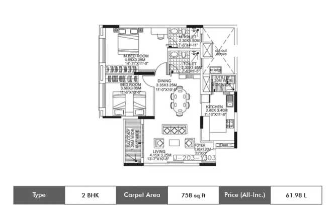 Kolte Patil Raaga Yerappanahalli - Floor plan 2 BHK 758 Sq.ft