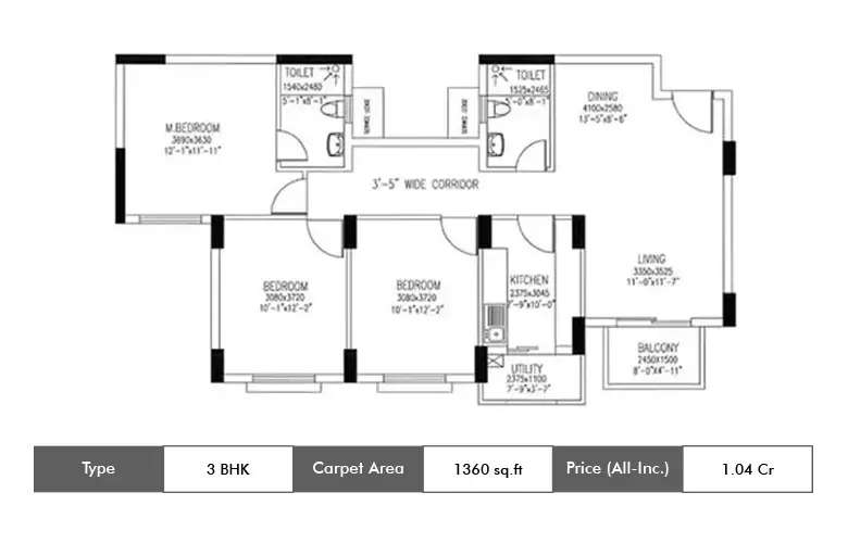 Floor plan for 3 BHK