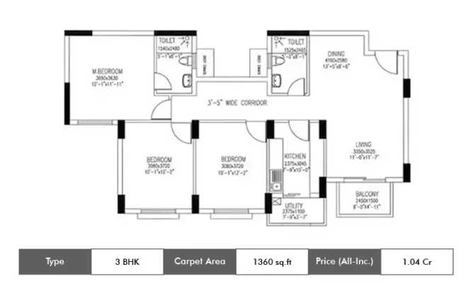 DLF Westend Heights Akshaya Nagar - Floor plan 3 BHK 1360 Sq.ft