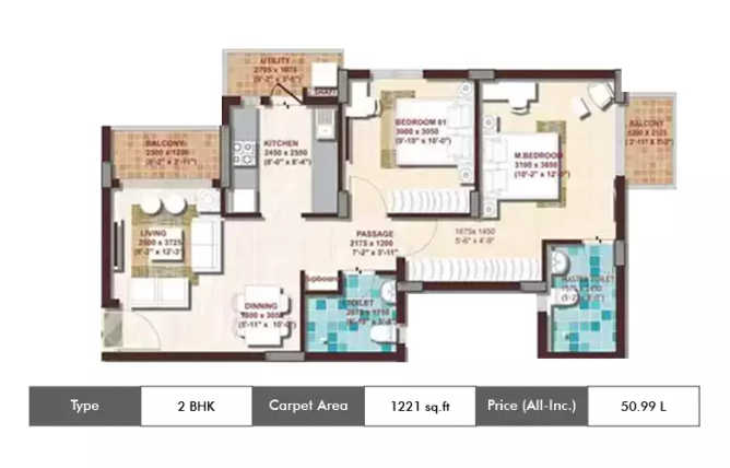 DLF Woodland Heights Jigani - Floor plan 2 BHK 1221 Sq.ft