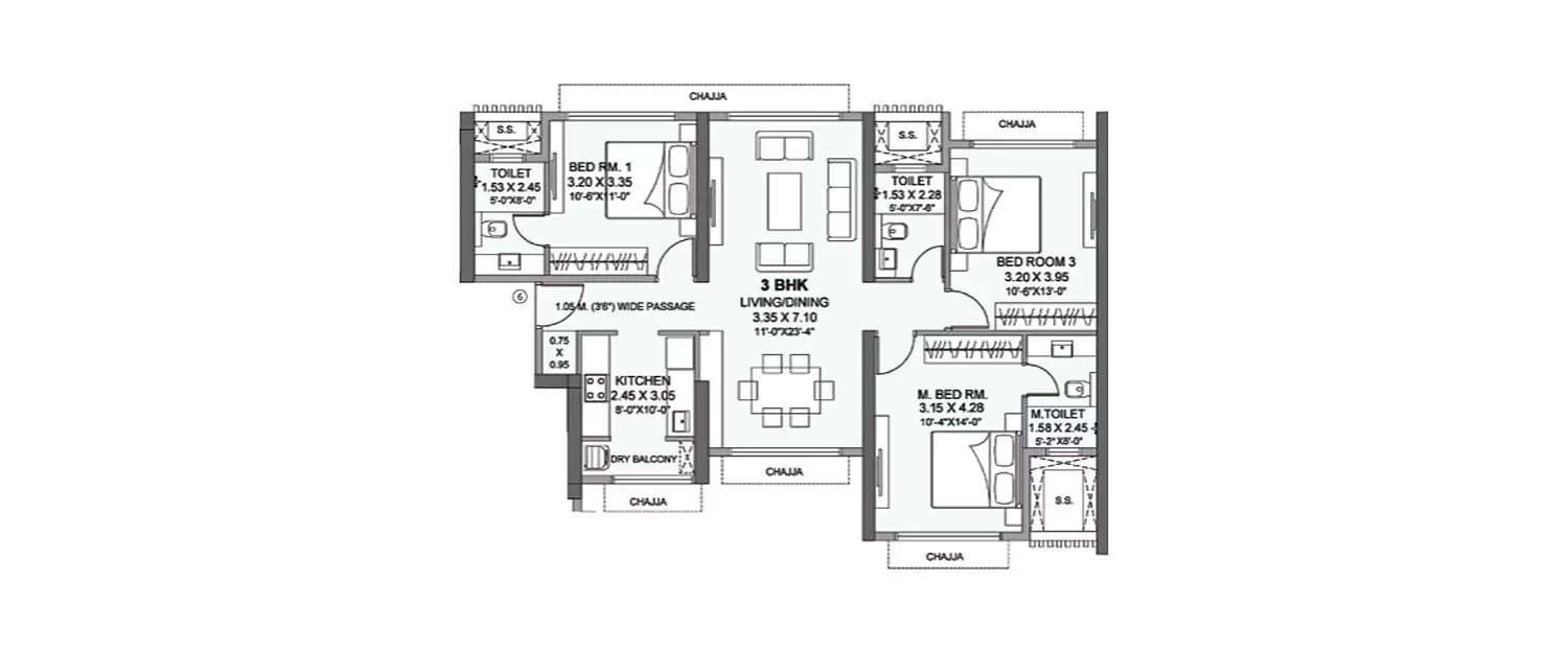 Floor plan for 3 BHK