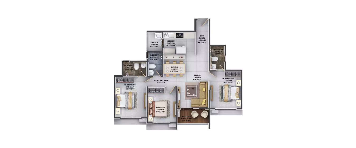 Floor plan for 3 BHK