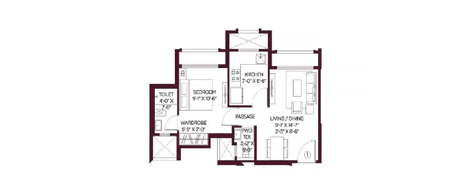 Floor plan for 1 BHK