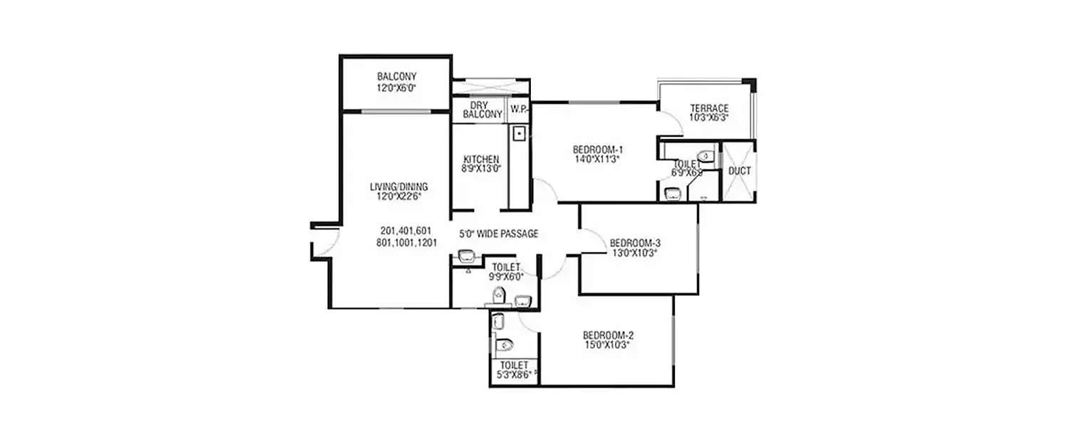 Floor plan for 3 BHK