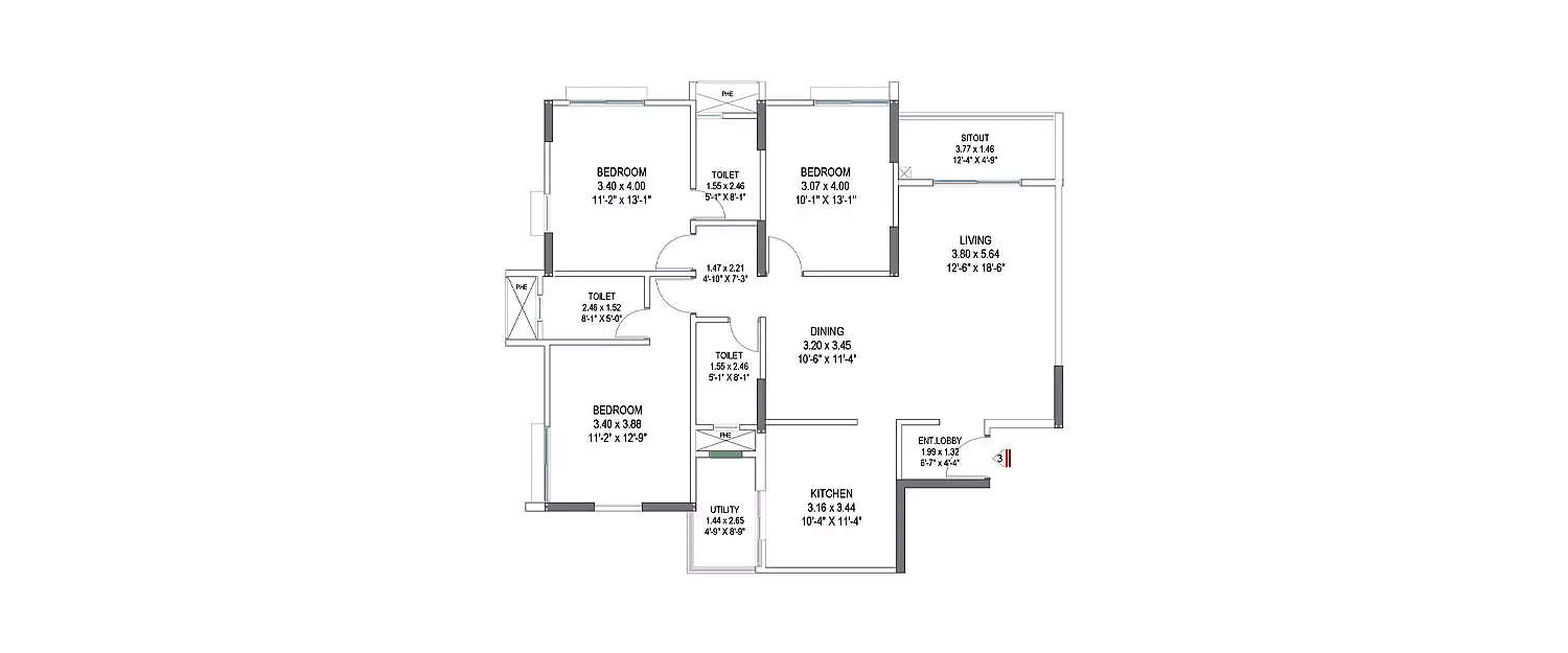 Floor plan for 3 BHK