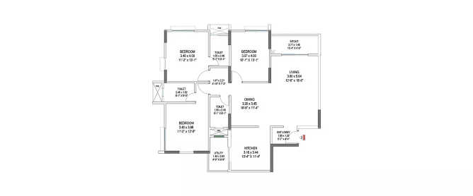 Pride Pegasus Byrathi - Floor plan 3 BHK 1155 Sq.ft