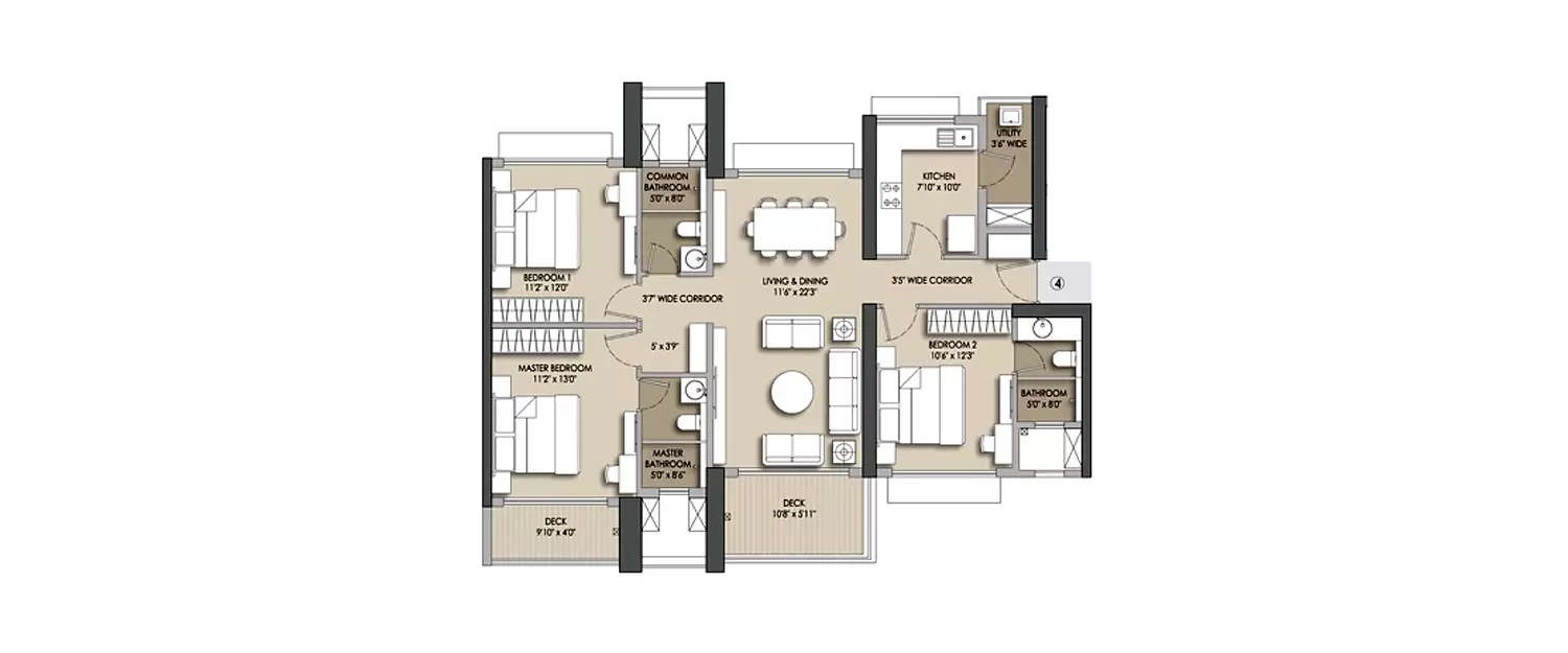 Floor plan for 3 BHK
