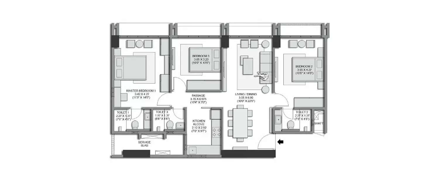 Floor plan for 3 BHK